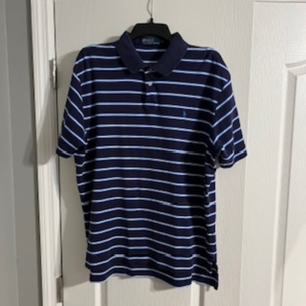 Ralph Lauren Men's Polo Collared Short Sleeve Striped Shirt Blue And White Large